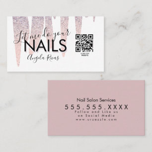 Carte De Visite CODE QR Salon d'ongles Paillettes Rose Fard