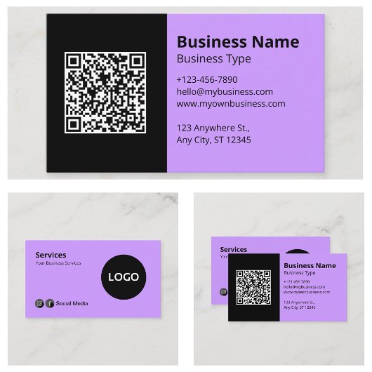 Carte De Visite Code QR scannable Logo Entreprise Lilas Noir