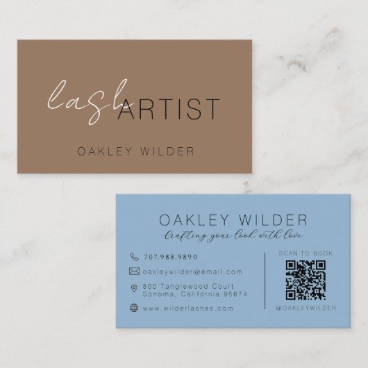 Carte De Visite Code QR Script Bleu Marron Cocoa Artiste De Cils M (Devant / Derrière)