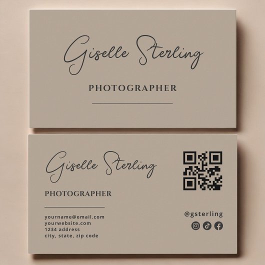 Carte De Visite Code QR Script Taupe Neutre Photographe