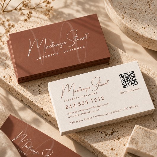 Carte De Visite Code QR Script Terracotta Moderne Élégant