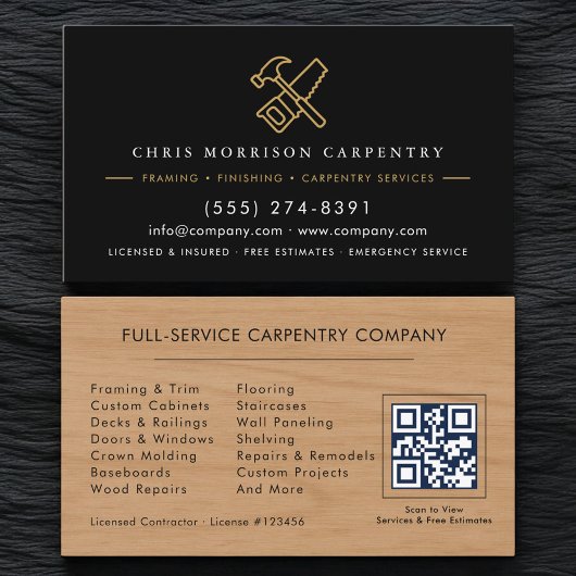 Carte De Visite Code QR Service de menuiserie bois Marteau Scie
