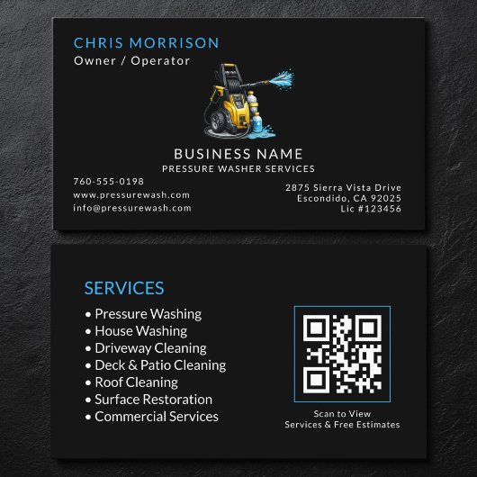 Carte De Visite Code QR Services de Laveur Haute Pression Noir