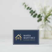 Carte De Visite Code QR Services de nettoyage Bleu marine Or (Debout devant)