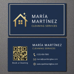 Carte De Visite Code QR Services de nettoyage Bleu marine Or