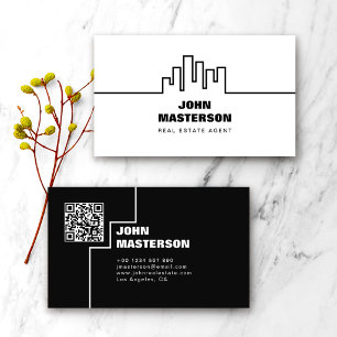 Carte De Visite Code QR Simple Blanc & Noir Agent Immobilier