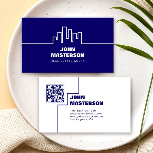 Carte De Visite Code QR Simple Bleu Royal Agent Immobilier
