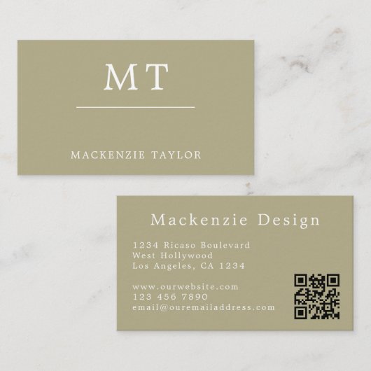 Carte De Visite Code QR Simple Élégant Professionnel Vert Sauge (Devant / Derrière)