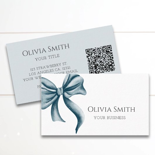 Carte De Visite Code QR Simple Élégant Ruban Bleu