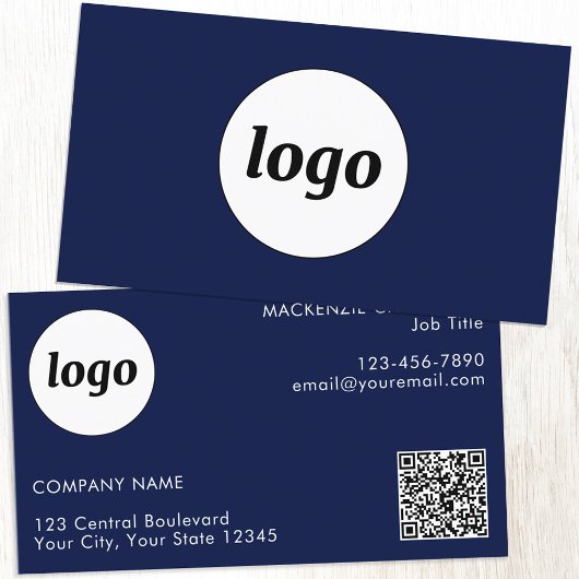 Carte De Visite Code QR simple logo et texte bleu marine