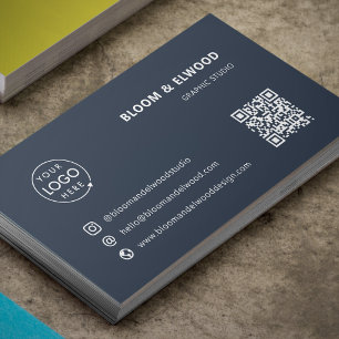 Carte De Visite Code QR Simple Moderne Minimal Marine Logo bleu