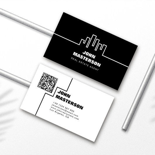 Carte De Visite Code QR Simple Noir & Blanc Agent Immobilier