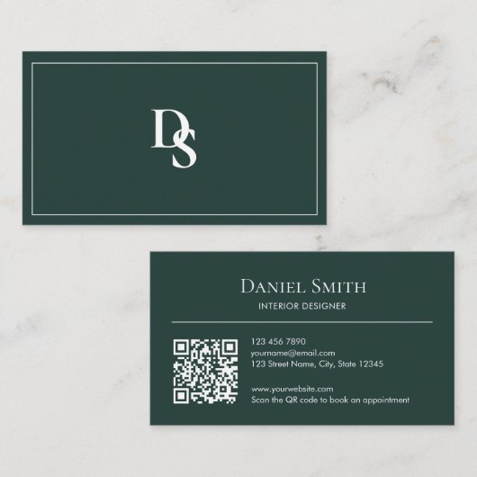 Carte De Visite Code QR simple professionnel vert foncé avec initi (Devant / Derrière)