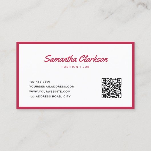 Carte De Visite Code QR simple Viva Magenta Border Script (Dos)