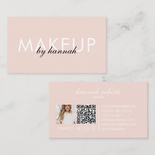 Carte De Visite Code QR Social de Maquillage de Photo Script Rose (Devant / Derrière)