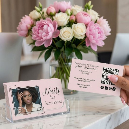 Carte De Visite Code QR social écriture rose blush Photo Technique