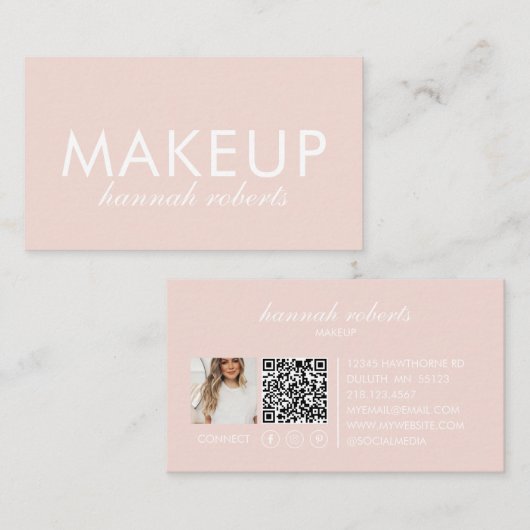 Carte De Visite Code QR Social Script Rose Pâle Maquillage Photo (Devant / Derrière)