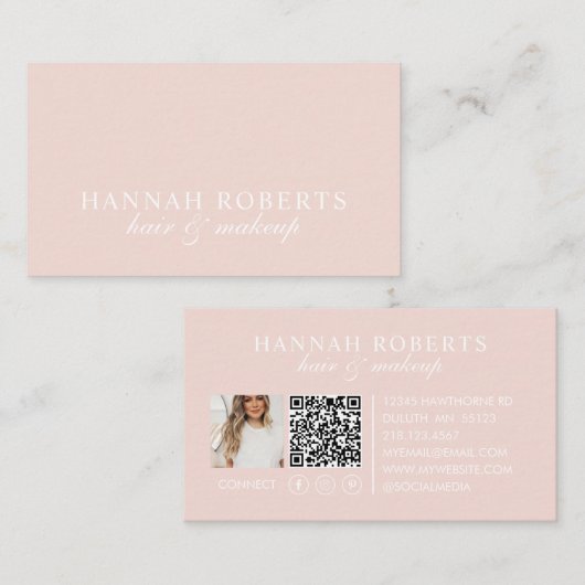 Carte De Visite Code QR Social Script Rose Pâle Photo Maquillage C (Devant / Derrière)