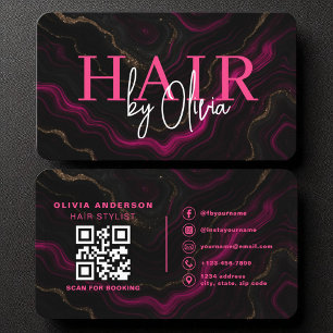 Carte De Visite Code QR Styliste de cheveux noir rose chaud marbre
