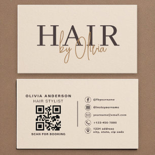 Carte De Visite Code QR sur papier beige pour coiffeur moderne