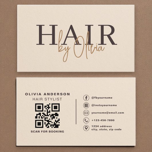Carte De Visite Code QR sur papier beige pour coiffeur moderne