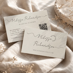 Carte De Visite Code QR Taupe Neutre Écriture Calligraphique