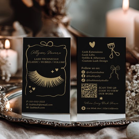 Carte De Visite Code QR Tech Lash Doodles noir or rétro