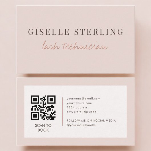 Carte De Visite Code QR Technicien de Cils Rose Pâle Blush 
