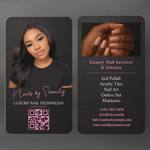 Carte De Visite Code QR Technicien en Ongles Métal Noir Rose