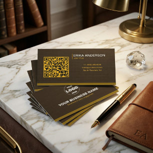 Carte De Visite Code QR Texturé Marron Foncé Luxe Minimal Or
