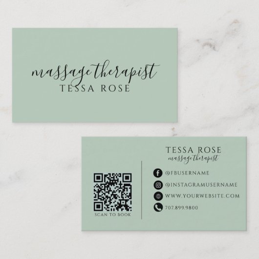 Carte De Visite Code QR Thérapeute de Massage Vert Sage (Devant / Derrière)