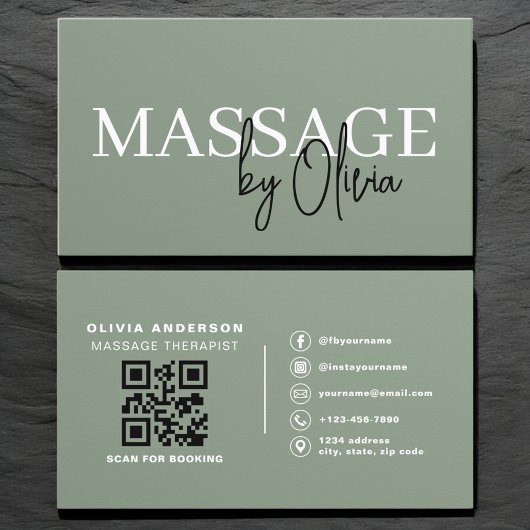 Carte De Visite Code QR Thérapeute de Massage Vert Sauge Luxe