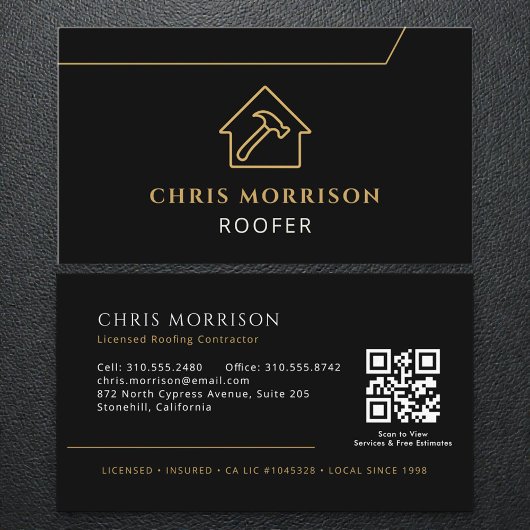 Carte De Visite Code QR Toiture Couvreur Professionnel Noir Or