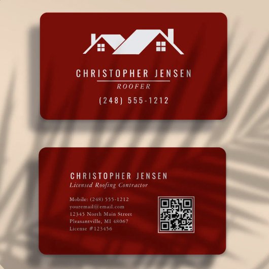 Carte De Visite Code QR Toiture Simple Bordeaux Arrondi