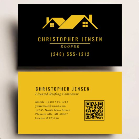 Carte De Visite Code QR Toiture Simple Gras Noir Jaune