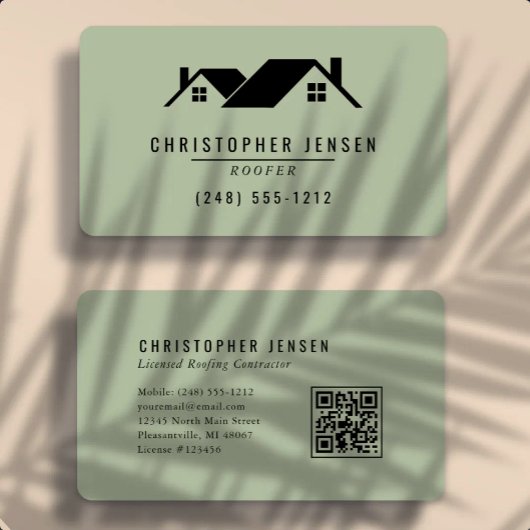 Carte De Visite Code QR Toiture Vert Sage Arrondi