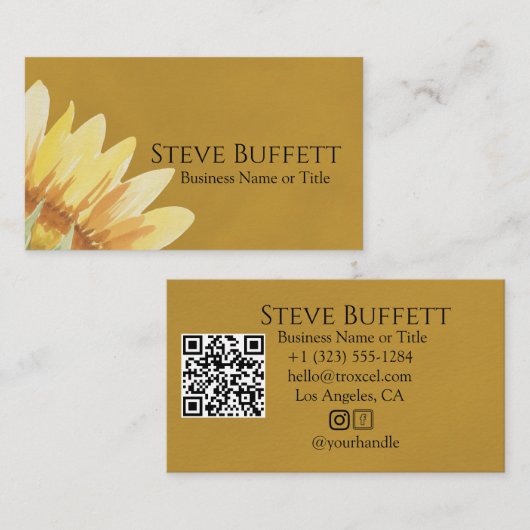 Carte De Visite Code QR Tournesol jaune aquarelle (Devant / Derrière)