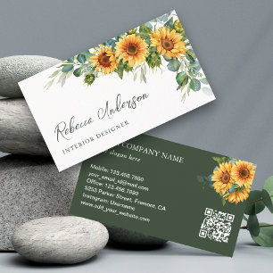 Carte De Visite Code QR Tournesols Rustiques Eucalyptus