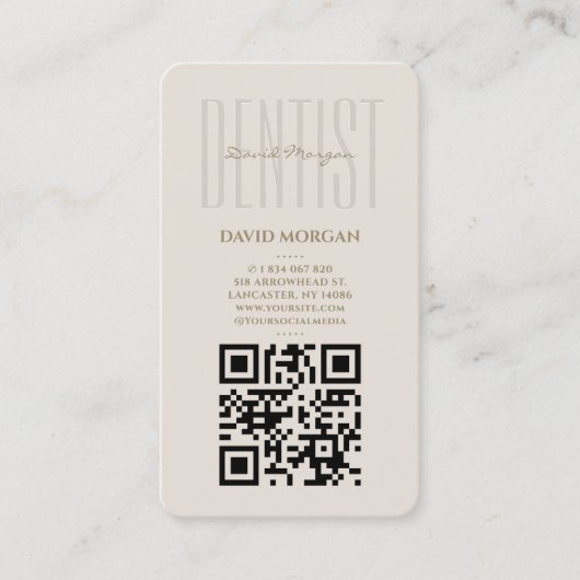 Carte de visite code QR typographie beige dentiste (Devant)