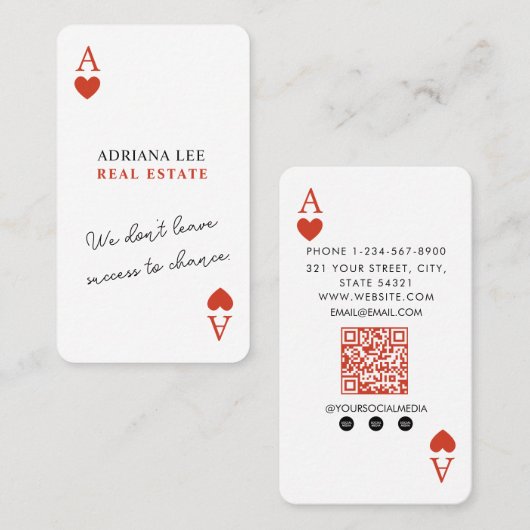 Carte De Visite Code QR unique d'agent immobilier As de Cœur (Devant / Derrière)