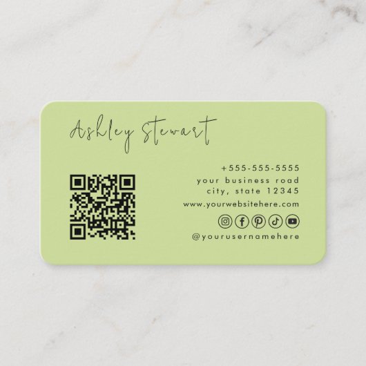 Carte De Visite Code Qr vert de chaux professionnel Script minimal (Devant)