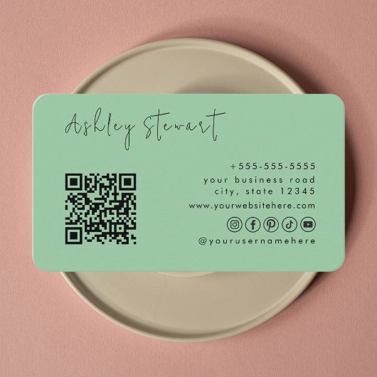 Carte De Visite Code Qr Vert Mint Professionnel Script minimal