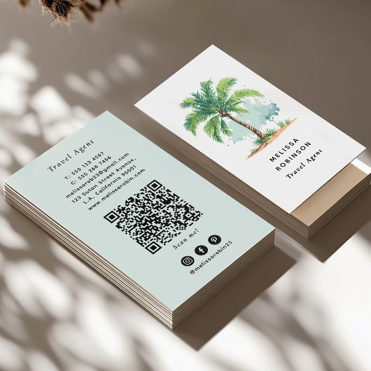 Carte De Visite Code QR Vert Palmier de Plage Aquarelle Tropicale