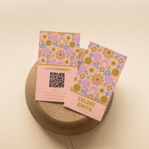Carte De Visite Code QR vert rose rétro Super Floral Girl