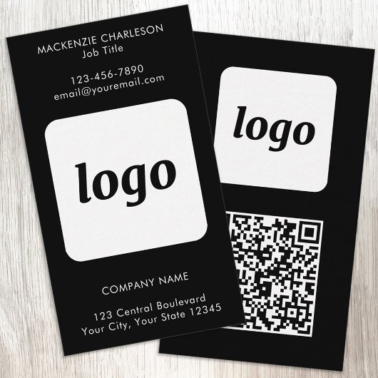Carte De Visite Code QR vertical avec texte de logo simple noir