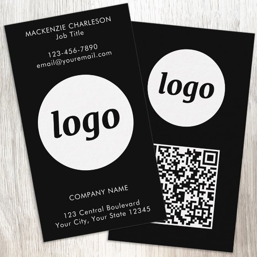 Carte De Visite Code QR vertical avec texte de logo simple noir