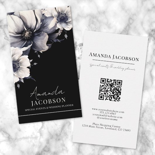Carte De Visite Code QR vertical noir floral élégant professionnel
