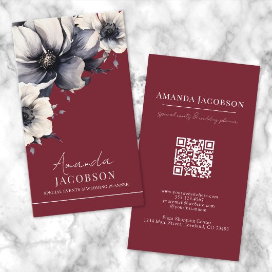 Carte De Visite Code QR vertical rouge floral élégant professionne