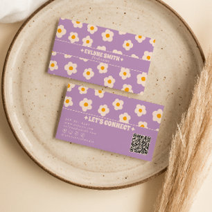 Carte De Visite Code QR Violet Blanc Rétro Fleur Groovy Branché 