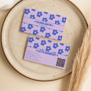 Carte De Visite Code QR Violet Bleu Rétro Fleur Groovy Unique
